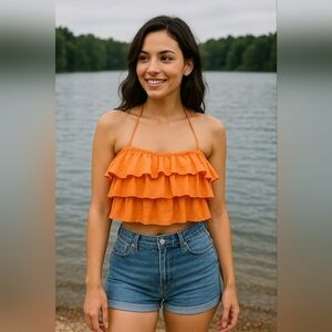 Women Orange Ruffle Halter Crop Top XS/2